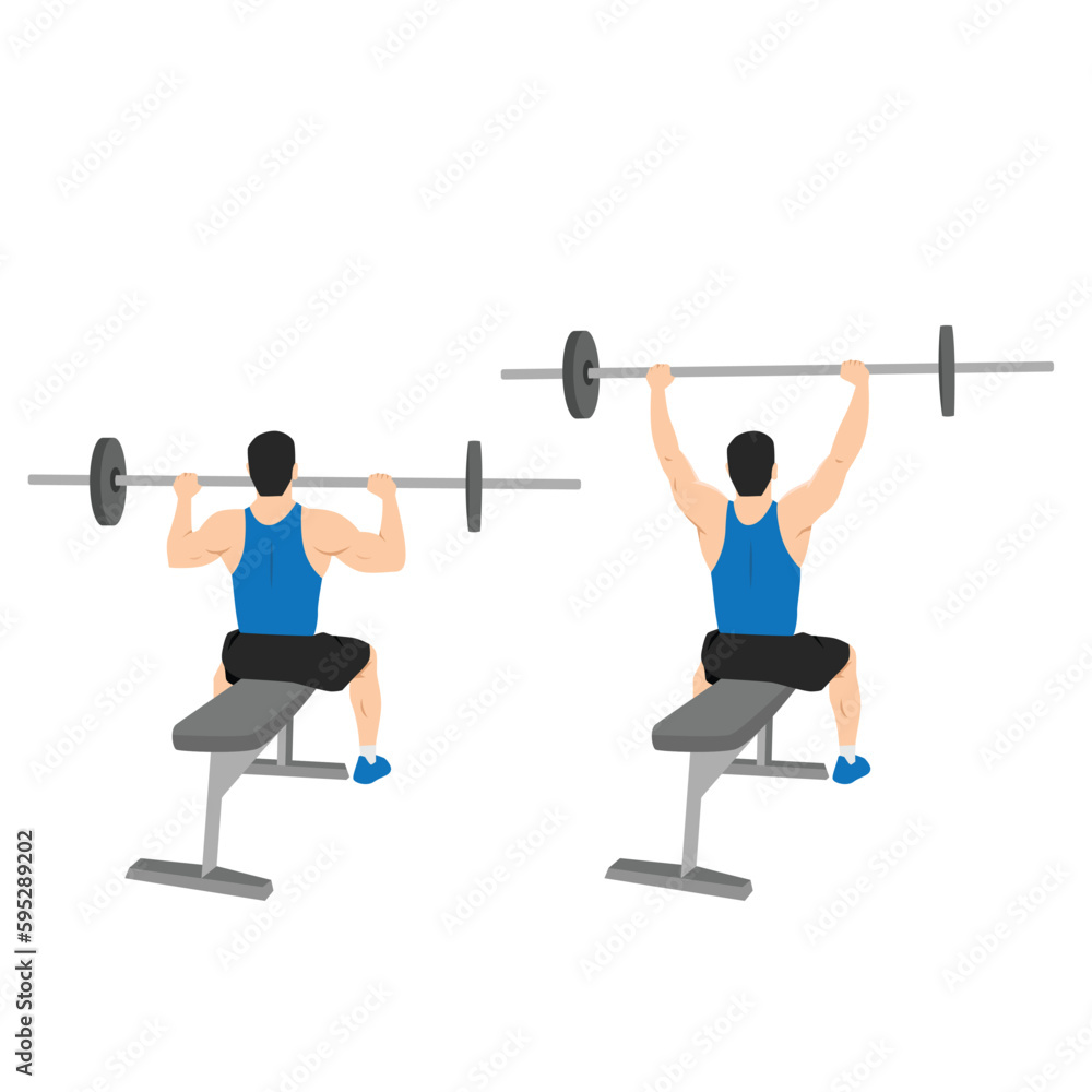 Man doing seated barbell military press exercise. Shoulder overhead press. Man doing seated barbell military press exercise. Shoulder overhead press.