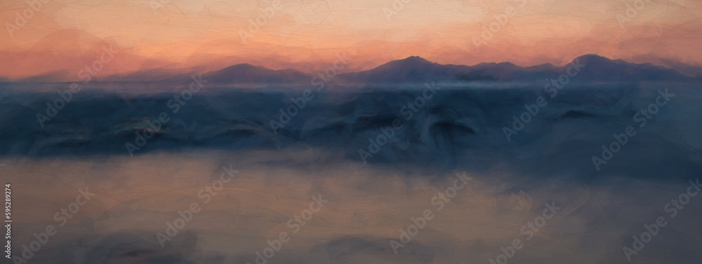 Obraz premium Digital painting of the sea at golden hour, as the sun sets behind the mountains.