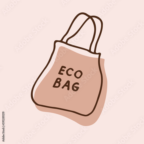 Textile eco bag for shopping, reusable with handwritten inscription "Eco bag". Caring for the environment, environmentally friendly lifestyle and zero waste concept. Flat vector cartoon illustration