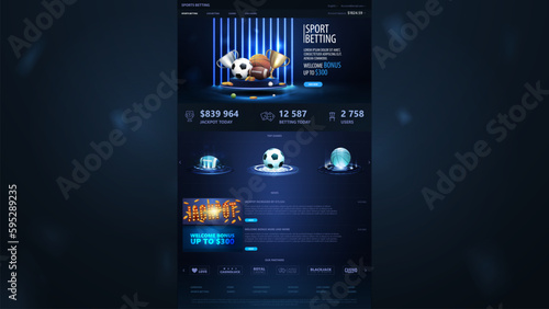 Sports betting, dark and blue template of website with web banners and sports elements