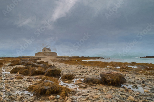 Digital painting of St Cwyfan's Church, the church in the sea, Anglesey.