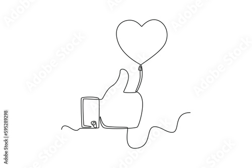Single one line drawing thumbs up holding love balloon. Social media concept. Continuous line draw design graphic vector illustration.