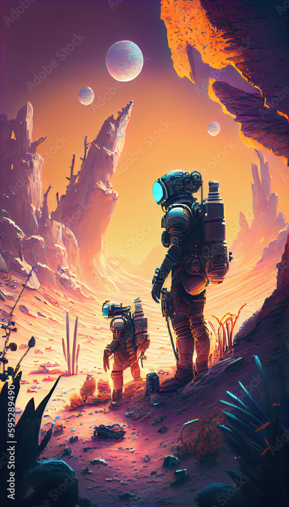 A team of space robot exploring an alien planet with un