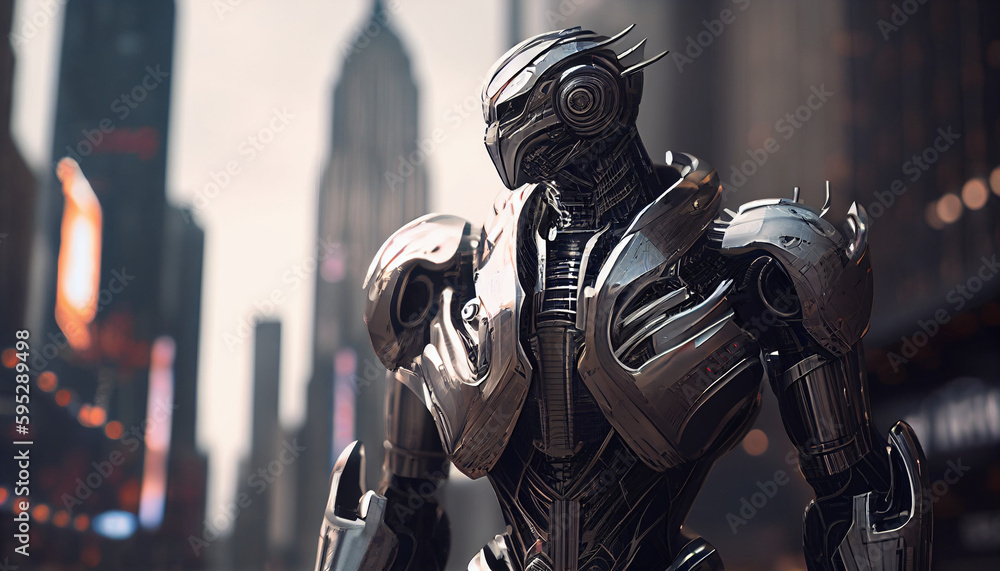 A robot go om a street in a city A robot go om a street in a city