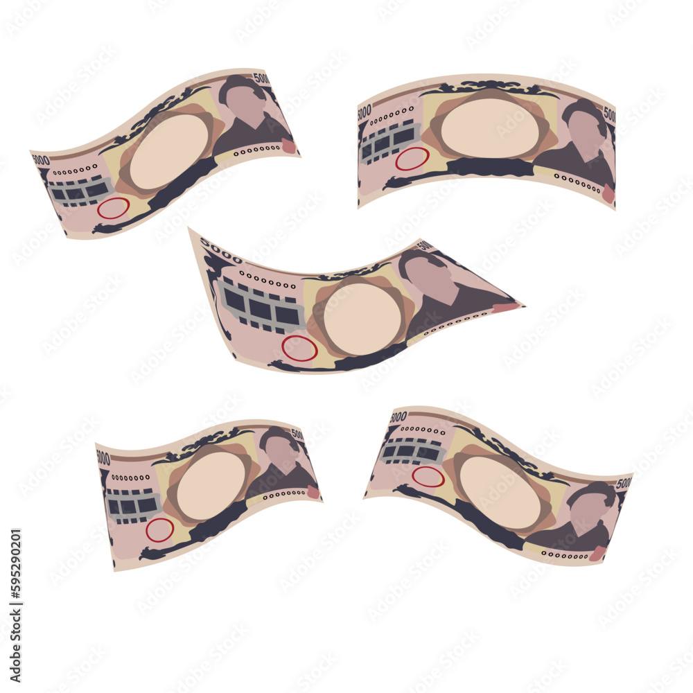 Obraz premium Japan Yen Vector Illustration. Japanese money set bundle banknotes. Falling, flying money 5000 JPY. Flat style. Isolated on white background. Simple minimal design.