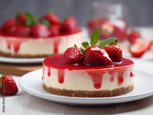 Beautiful homemade Strawberry cheesecake. Generative AI