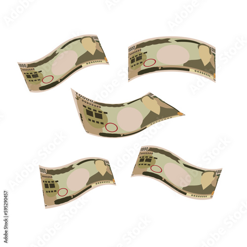 Japan Yen Vector Illustration. Japanese money set bundle banknotes. Falling, flying money 10000 JPY. Flat style. Isolated on white background. Simple minimal design.