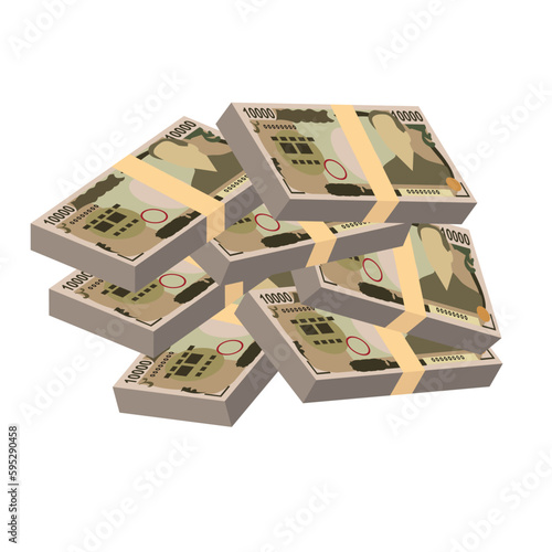 Japan Yen Vector Illustration. Japanese money set bundle banknotes. Paper money 10000 JPY. Flat style. Isolated on white background. Simple minimal design.