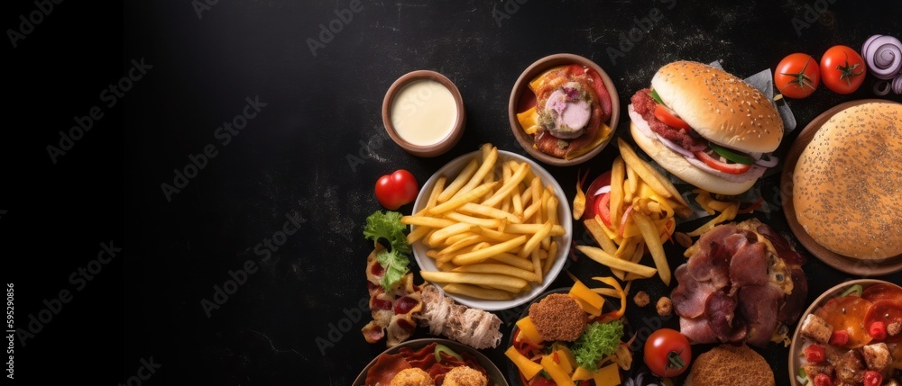 Burgers on a black background. Generative AI