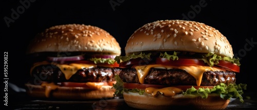 Burgers on a black background. Generative AI © Viktor