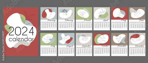 Abstract calendar for 2024 in vertical A4 format.Week starts on Monday. Calendar with abstract spots and linear floral elements.12 months and cover. Place for notes. Elegant color palette.