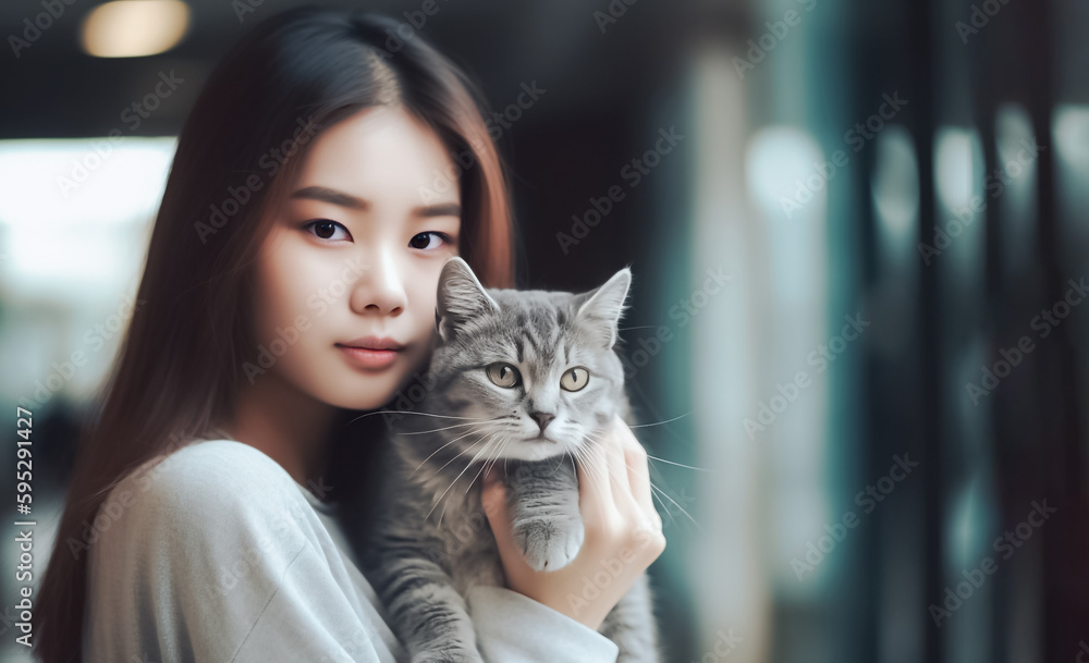 Bring a touch of sweetness and joy about a teenage Asian girl playing with a cat. generative AI Bring a touch of sweetness and joy about a teenage Asian girl playing with a cat. generative AI