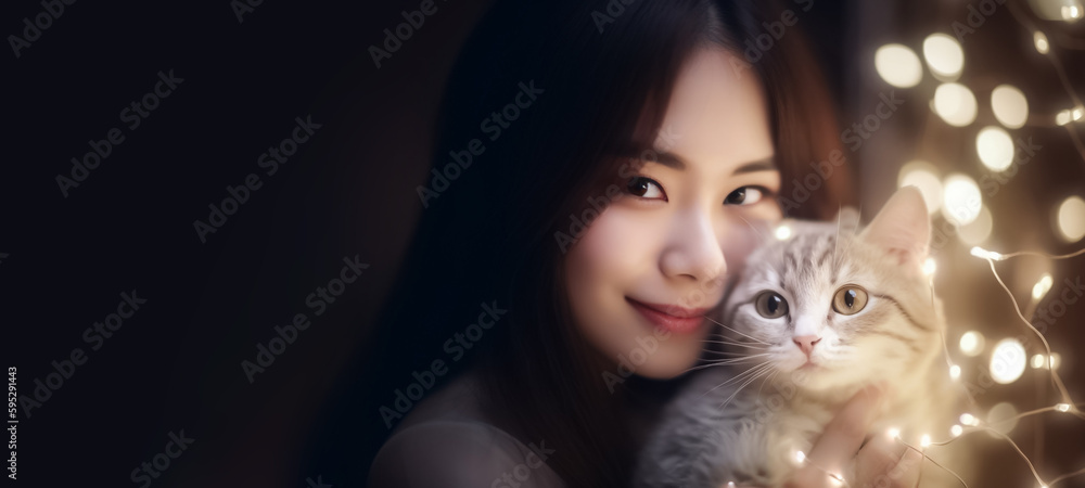Obraz premium Bring a touch of sweetness and joy about a teenage Asian girl playing with a cat. generative AI