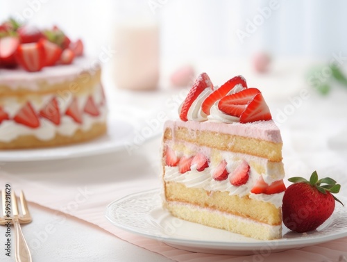 Strawberry sponge cake with fresh strawberries. Generative AI