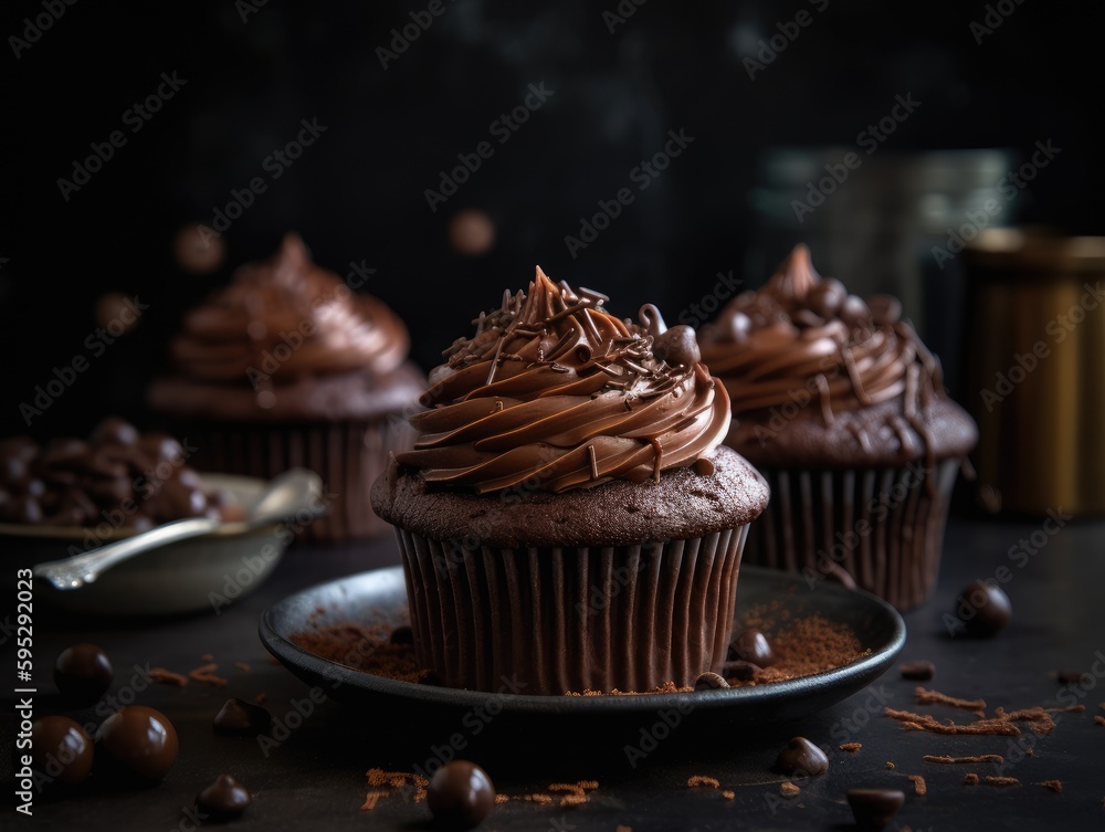 chocolate cupcake on dark wooden background. Generative AI chocolate cupcake on dark wooden background. Generative AI