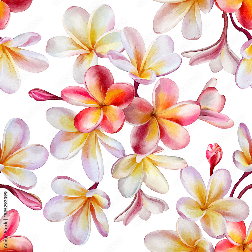 Seamless floral pattern with plumeria blossoms hand-drawn painted in watercolor style. The seamless pattern can be used on a variety of surfaces, wallpaper, textiles or packaging