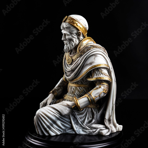 Une sculpture en marbre, statue d'une personne stoïcienne grecque ou romaine, représentant le stoïcisme. Avec de l'or et du noir, kintsugi