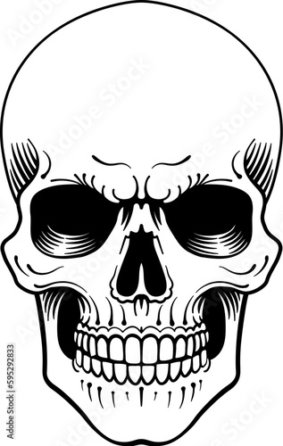 A skull in an engraved woodcut etching tattoo design