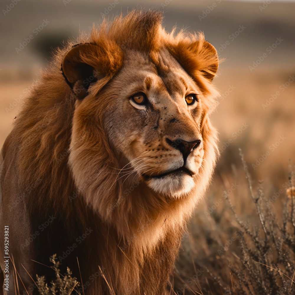 A lion in the savannah, looking majestic, fierce, regal, powerful, and wild, Created with generative Ai Technology. A lion in the savannah, looking majestic, fierce, regal, powerful, and wild, Created with generative Ai Technology.