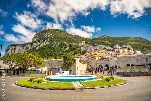 Gibraltar, UK - April 7, 2023: Entrance gate and square of Gibraltar