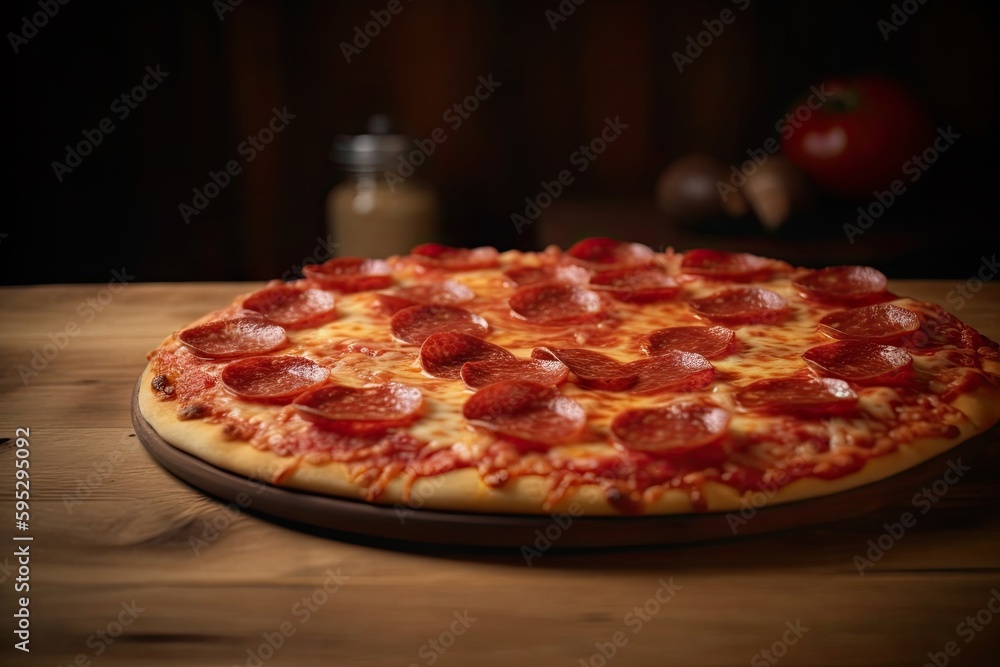 Closeup picture of a pepperoni/salami pizza created using generative AI tools