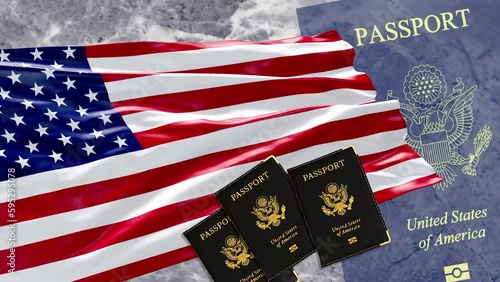 Waving USA Flag and American Passport, Video Composition 4K 3D. Concept: Immigration to USA, Citizenship USA, Registration, Emigration, US Visa, Travel, Migration, America, American Citizen