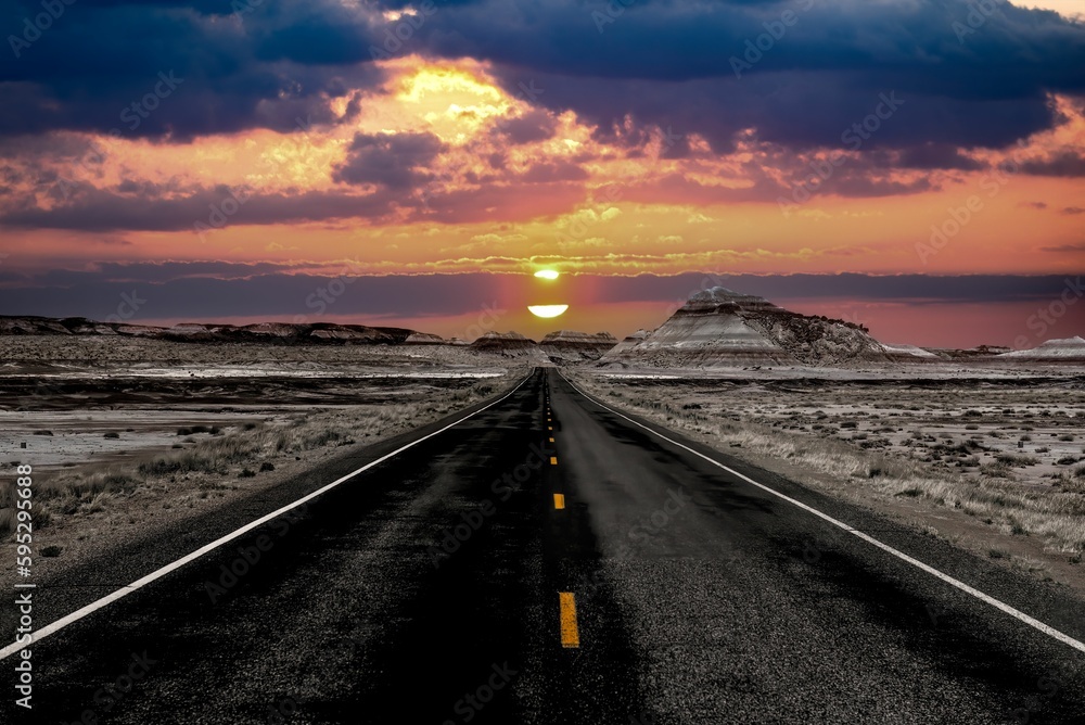 Beautiful sunset at the end of the road in Petrified Forest National Park, Arizona, USA.