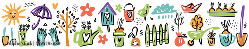 Vector horizontal pattern of elements of gardening, agriculture and spring symbols, hand-drawn in the style of a doodle