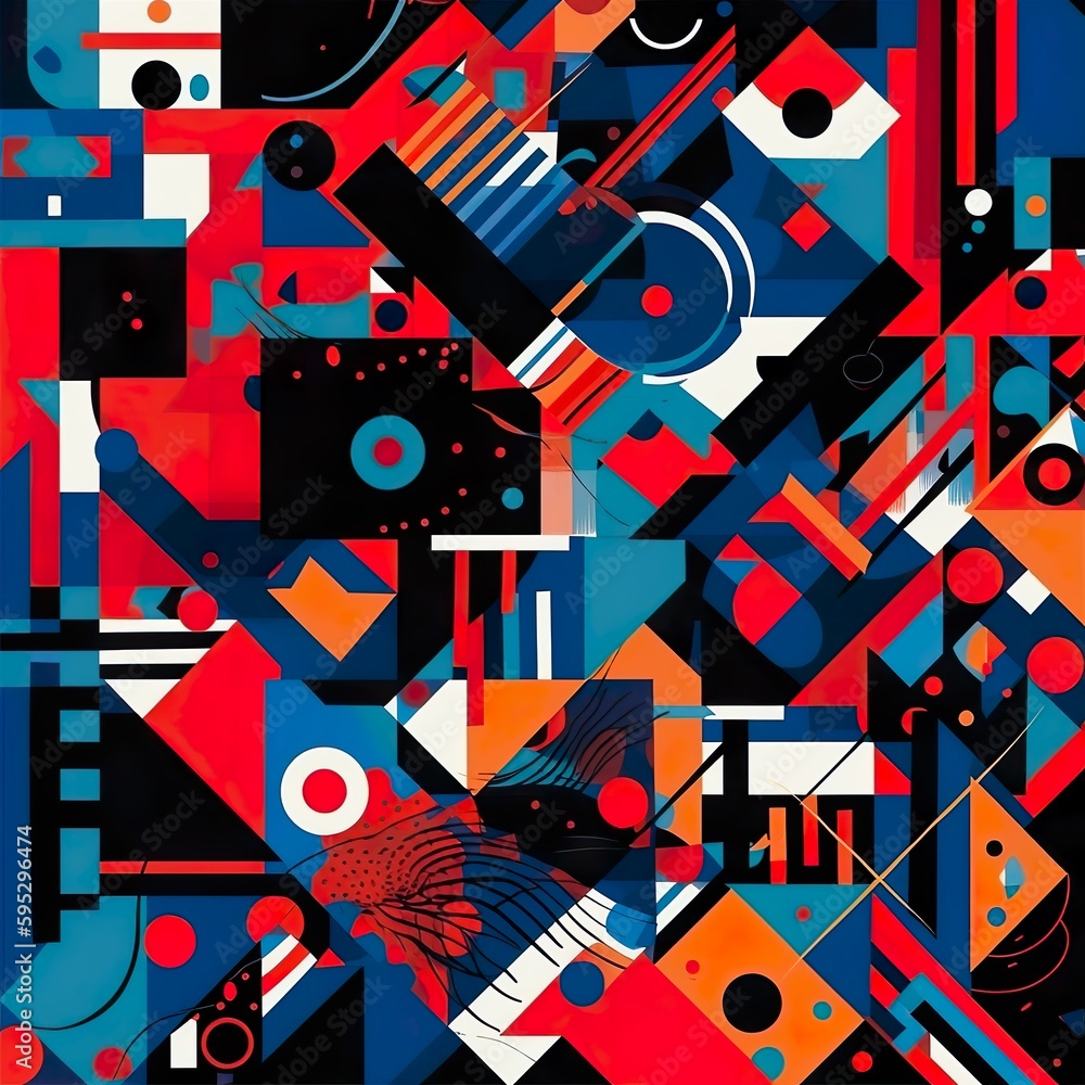 A modern, seamless pattern consisting of a variety of geometric shapes and lines, arranged in a bold and dynamic composition. - Generative AI, Generative, KI A modern, seamless pattern consisting of a variety of geometric shapes and lines, arranged in a bold and dynamic composition. - Generative AI, Generative, KI