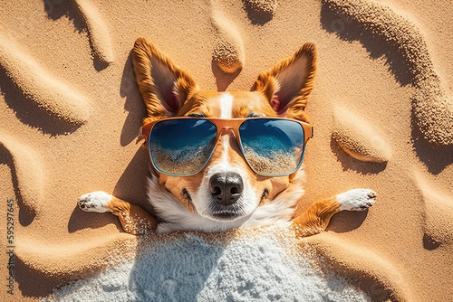 A happy dog lies on the beach in sunglasses and sunbath, created with Generative AI technology photo