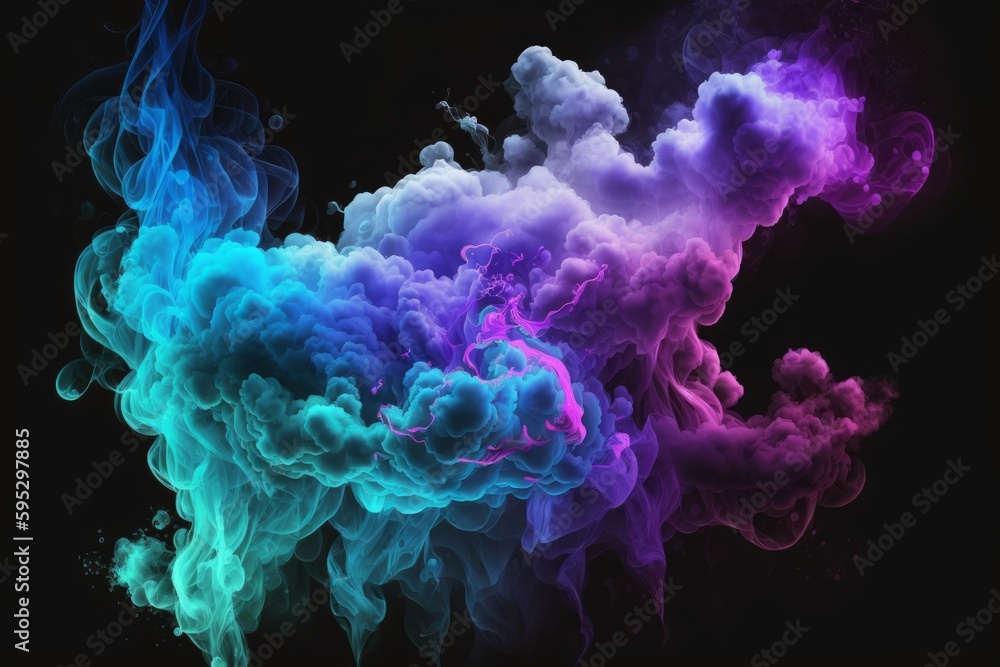 Obraz premium Neon blue and purple multicolored smoke puff cloud design elements on a dark background. Generative AI