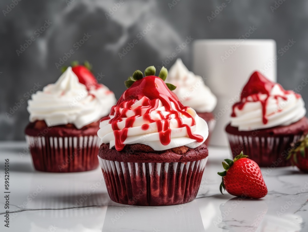 Homemade pink sweet cupcakes strawberries. Generative AI Homemade pink sweet cupcakes strawberries. Generative AI