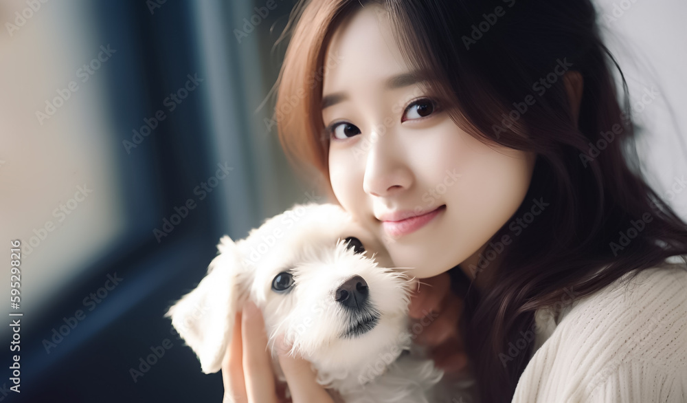 A lovely Asian girl embracing and beaming with her adorable Maltese canine companion. generative AI A lovely Asian girl embracing and beaming with her adorable Maltese canine companion. generative AI