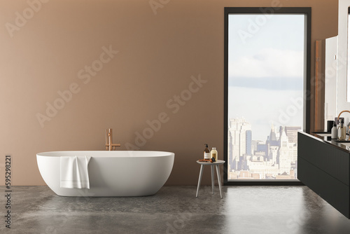 Modern bathroom with luxurious cabinet  white bathtub  shower cabin  window  and concrete floor  featuring beige and white walls for a sleek and sophisticated look.3d rendering