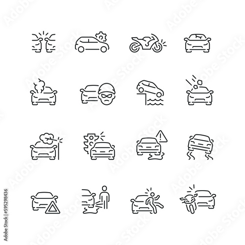 Vector line set of icons related with car accident. Contains monochrome icons like car, collision, crash, auto, accident and more. Simple outline sign.