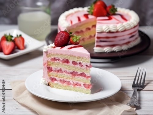 Strawberry sponge cake with fresh strawberries. Generative AI