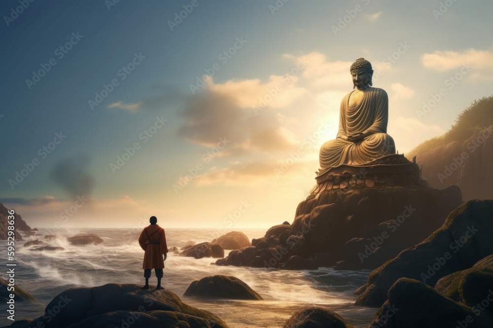 Buddha statue on sea rock. Generate Ai