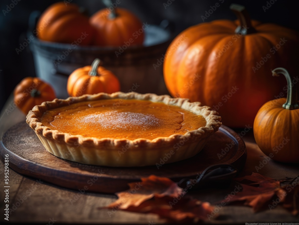 Homemade beautiful american traditional pumpkin pie. Generative AI Homemade beautiful american traditional pumpkin pie. Generative AI