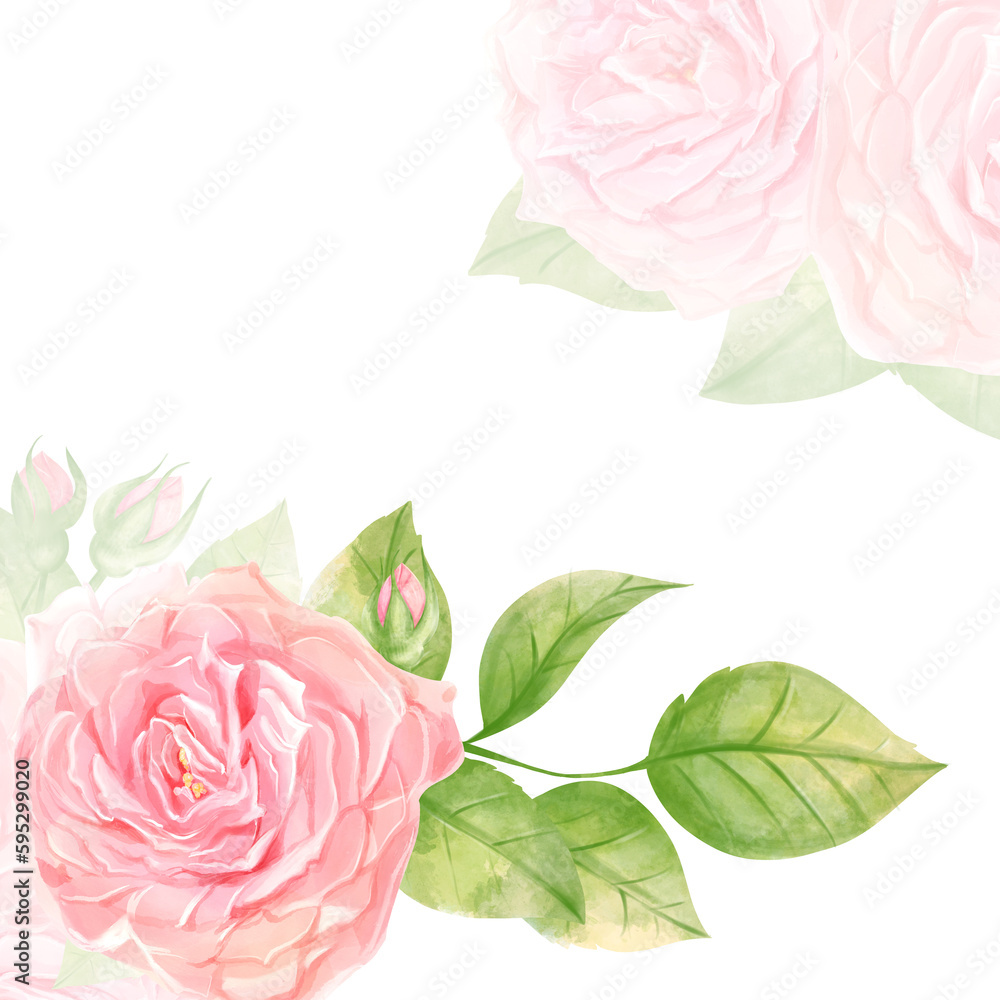 Fototapeta premium Wedding invitation template with hand painted watercolor flowers pink color. Decorative floral background perfect for card making, wedding invitation and DIY project