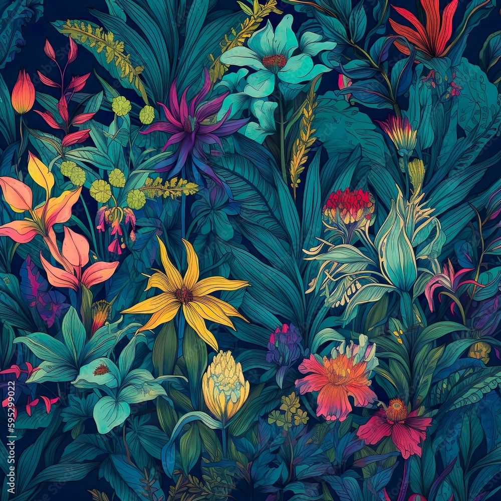 A vibrant, seamless pattern showcasing a lush array of tropical plants and flowers, interwoven with each other. - Generative AI, Generative, KI