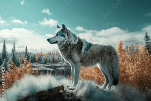 Northern landscape with wolf. Generate Ai