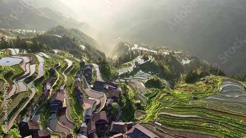 Jiabang Rice Terraces under fog in sunrise