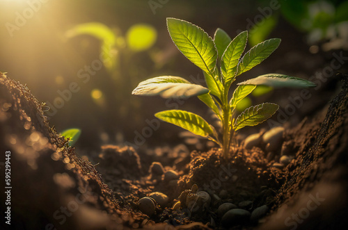 Illustration of a little green plant growing under a beautiful morning light. Concept of spring and nature coming to live. Created with Generative AI technology.