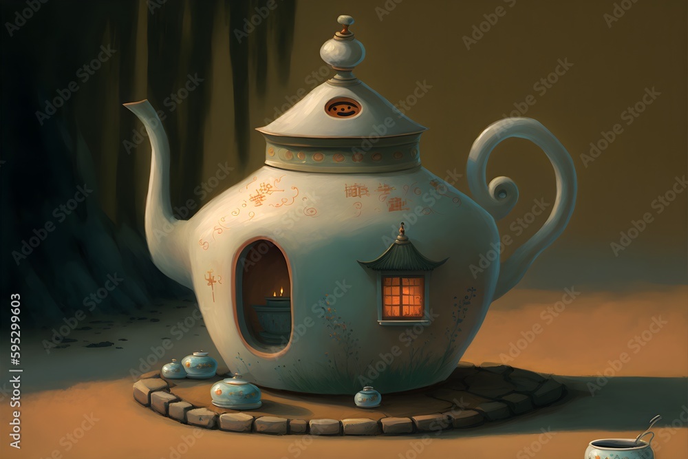 symbolism chinese white porcelain tea pot house art by Shaun Tan art by