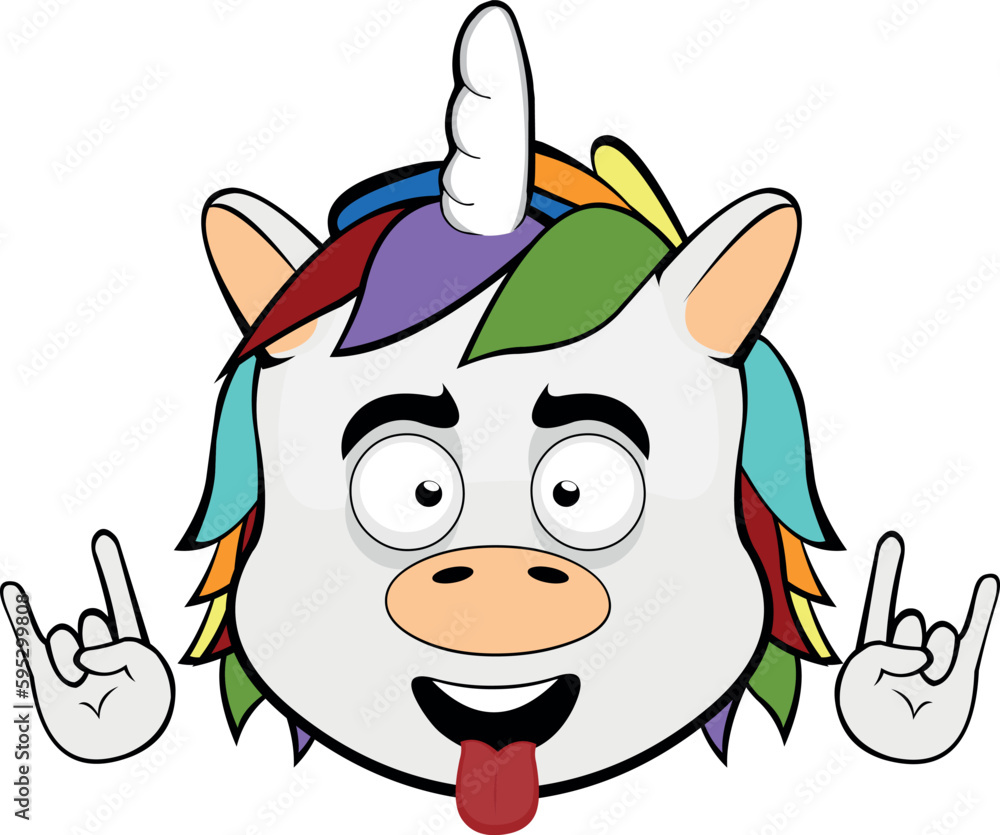 vector illustration cartoon unicorn face making the classic heavy metal gesture with hands and tongue out vector illustration cartoon unicorn face making the classic heavy metal gesture with hands and tongue out