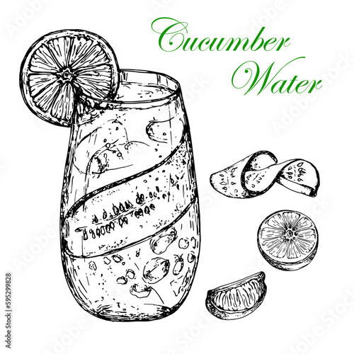 Cucumber water. Stackin' with a refreshing drink. Slice of cucumber and lime with mint.Vector stock illustration. Hand drawing. Black and white sketch isolated on white. For bars, cafes, menus, labels