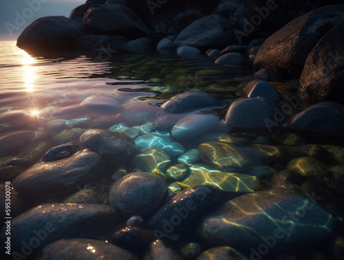 Steine im See, die von der Sonne beleuchtet werden