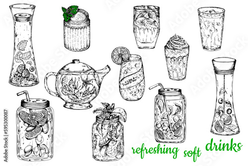 Refreshing summer soft drinks.Set.Healthy lifestyle.Vector stock illustration. Hand drawing. Black and white sketch isolated on white. For bars, cafes, menus, labels and healthy drinks  desing