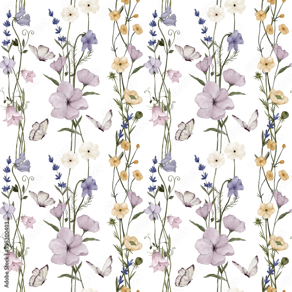 Seamless pattern of flowers and leaves on white background