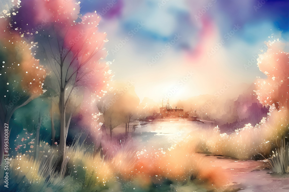 Fototapeta premium Watercolor abstract art landscape, children story book style, soft pastel color background. Generative Ai.